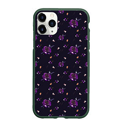Чехол iPhone 11 Pro матовый Фиолетовые розы на темном фоне, цвет: 3D-темно-зеленый