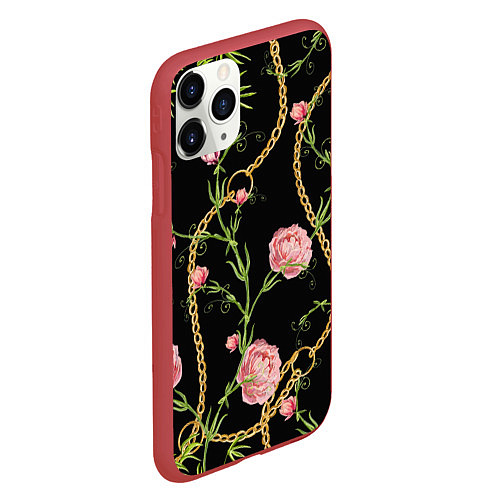 Чехол iPhone 11 Pro матовый Versace Золотая цепь и розы / 3D-Красный – фото 2