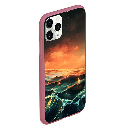 Чехол iPhone 11 Pro матовый Фэнтези море корабли закат / 3D-Малиновый – фото 2