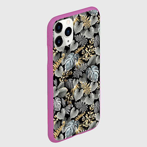 Чехол iPhone 11 Pro матовый Серебряные листочки / 3D-Фиолетовый – фото 2