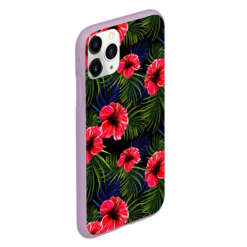 Чехол iPhone 11 Pro матовый Тропические цветы и листья / 3D-Сиреневый – фото 2