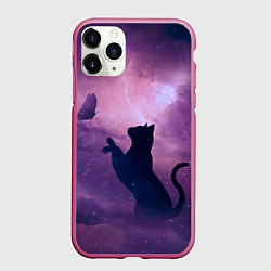 Чехол iPhone 11 Pro матовый Кошка играет с бабочкой, цвет: 3D-малиновый