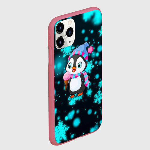 Чехол iPhone 11 Pro матовый Новогодний пингвин / 3D-Малиновый – фото 2