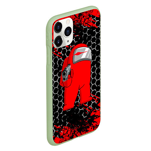 Чехол iPhone 11 Pro матовый Among Us Impostor Gun Red / 3D-Салатовый – фото 2