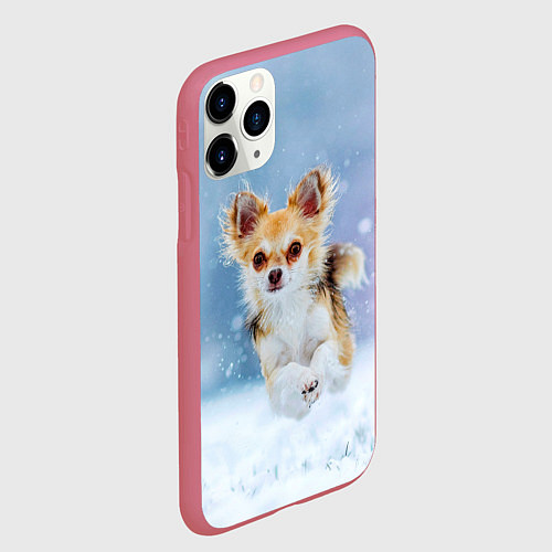 Чехол iPhone 11 Pro матовый Чихуахуа в снегу / 3D-Малиновый – фото 2