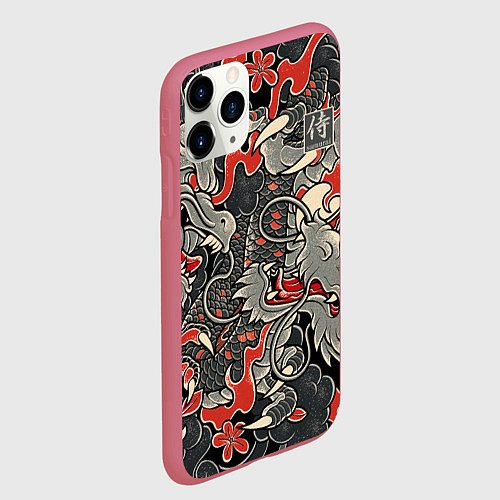 Чехол iPhone 11 Pro матовый Самурай Якудза, драконы / 3D-Малиновый – фото 2