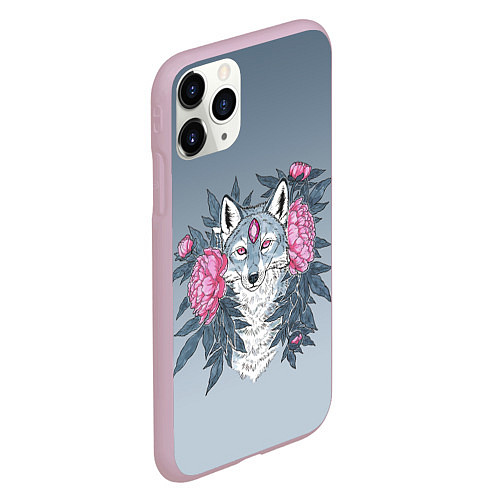 Чехол iPhone 11 Pro матовый Тотем волка и цветы / 3D-Розовый – фото 2