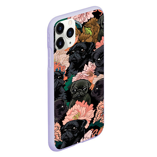 Чехол iPhone 11 Pro матовый Мопсы и Цветы / 3D-Светло-сиреневый – фото 2