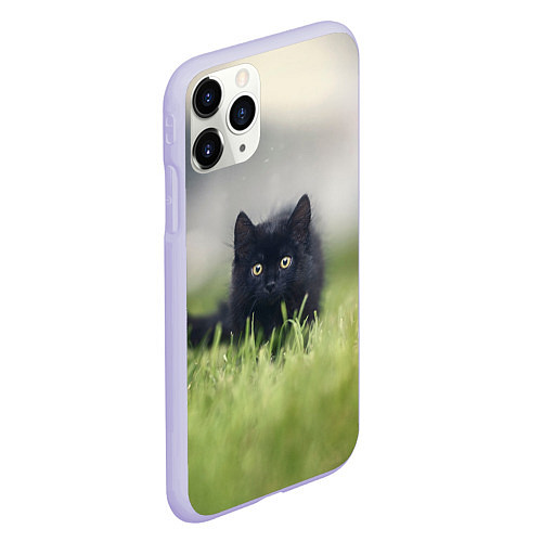 Чехол iPhone 11 Pro матовый Черный кот на лугу / 3D-Светло-сиреневый – фото 2