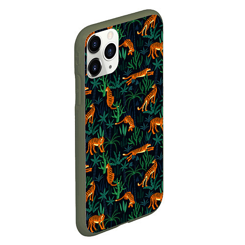 Чехол iPhone 11 Pro матовый Паттерн из Тигров и Растений / 3D-Темно-зеленый – фото 2