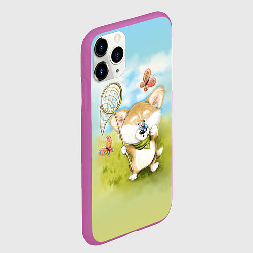 Чехол iPhone 11 Pro матовый Корги и бабочка / 3D-Фиолетовый – фото 2
