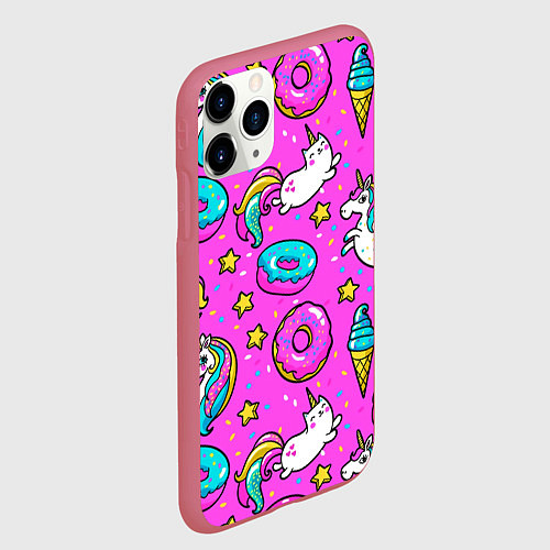 Чехол iPhone 11 Pro матовый Единороги с пончиками / 3D-Малиновый – фото 2