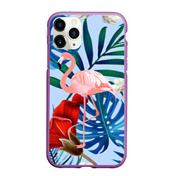Чехол iPhone 11 Pro матовый Фламинго в папоротнике, цвет: 3D-фиолетовый