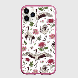 Чехол iPhone 11 Pro матовый Узор с журавлями, цвет: 3D-малиновый