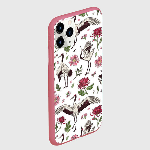 Чехол iPhone 11 Pro матовый Узор с журавлями / 3D-Малиновый – фото 2