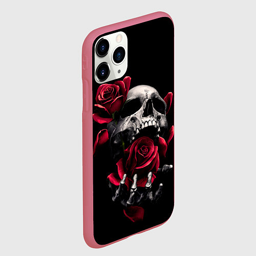 Чехол iPhone 11 Pro матовый ЧЕРЕП И РОЗЫ / 3D-Малиновый – фото 2