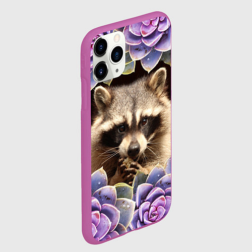 Чехол iPhone 11 Pro матовый Енот среди цветов / 3D-Фиолетовый – фото 2