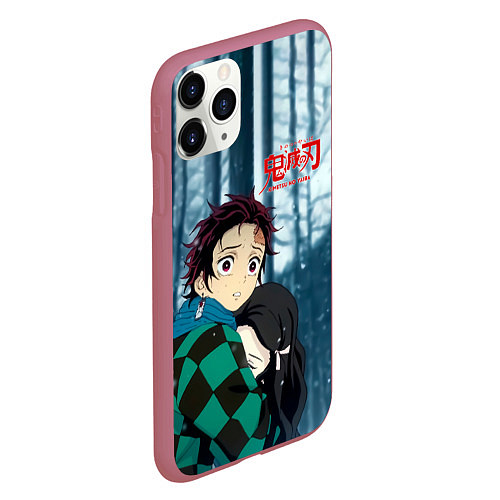 Чехол iPhone 11 Pro матовый Танджиро и Незуко Камадо в лесу / 3D-Малиновый – фото 2