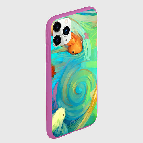 Чехол iPhone 11 Pro матовый Золотые рыбы в море абстракции / 3D-Фиолетовый – фото 2
