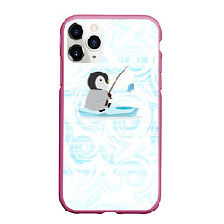 Чехол iPhone 11 Pro матовый Пингвин рыбачит, цвет: 3D-малиновый