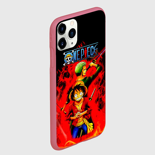 Чехол iPhone 11 Pro матовый Зоро и Луффи в огне One Piece / 3D-Малиновый – фото 2