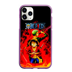 Чехол iPhone 11 Pro матовый Зоро и Луффи в огне One Piece, цвет: 3D-фиолетовый