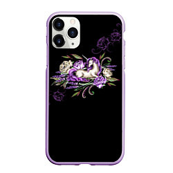 Чехол iPhone 11 Pro матовый Единорог среди роз, цвет: 3D-сиреневый