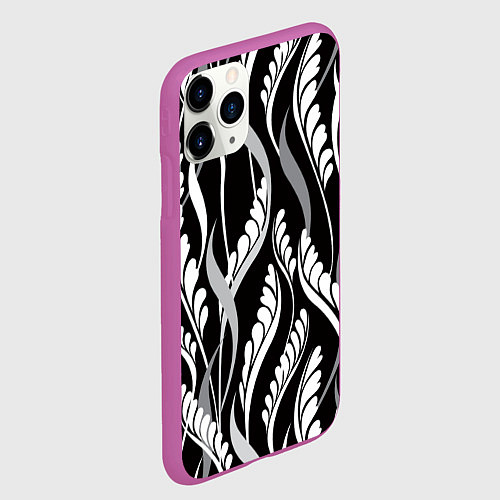 Чехол iPhone 11 Pro матовый Листья в черно-Белом Цвете / 3D-Фиолетовый – фото 2