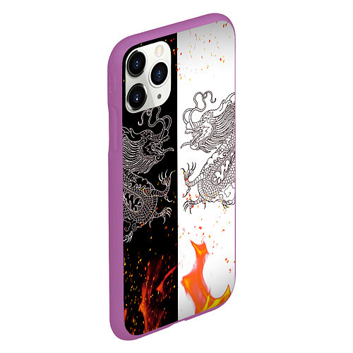 Чехол iPhone 11 Pro матовый Драконы Черный и Белый Огонь / 3D-Фиолетовый – фото 2