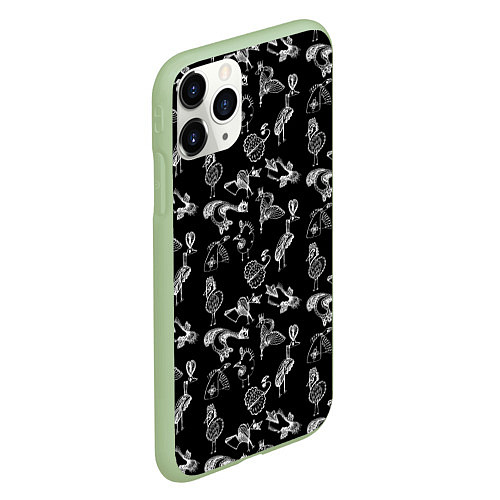 Чехол iPhone 11 Pro матовый Экзотические птицы Скетч / 3D-Салатовый – фото 2