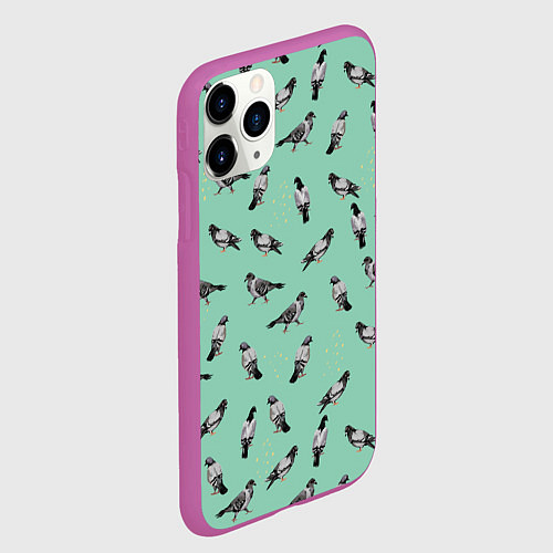 Чехол iPhone 11 Pro матовый Голуби на зеленом / 3D-Фиолетовый – фото 2