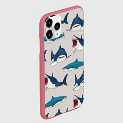 Чехол iPhone 11 Pro матовый Кровожадные акулы паттерн, цвет: 3D-малиновый — фото 2