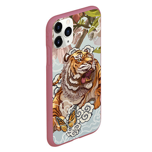 Чехол iPhone 11 Pro матовый Тигр в облаках / 3D-Малиновый – фото 2