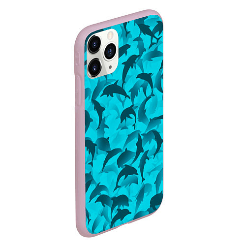 Чехол iPhone 11 Pro матовый Синий камуфляж с дельфинами / 3D-Розовый – фото 2