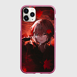 Чехол iPhone 11 Pro матовый Кадзуха в кленовых листьях, цвет: 3D-малиновый