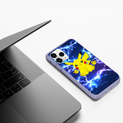 Чехол iPhone 11 Pro матовый ПИКАЧУ НА ФОНЕ МОЛНИЙ PIKACHU FLASH, цвет: 3D-светло-сиреневый — фото 2