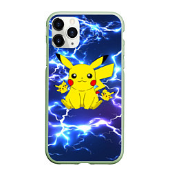 Чехол iPhone 11 Pro матовый ПИКАЧУ НА ФОНЕ МОЛНИЙ PIKACHU FLASH, цвет: 3D-салатовый