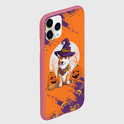 Чехол iPhone 11 Pro матовый Корги на хэллоуине / 3D-Малиновый – фото 2