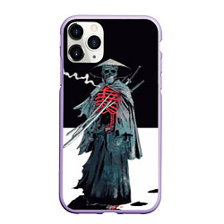 Чехол iPhone 11 Pro матовый Скелет Самурай с трубкой на черно белом фоне, цвет: 3D-светло-сиреневый