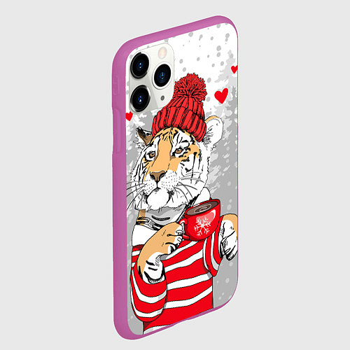Чехол iPhone 11 Pro матовый Тигр с чашкой кофе / 3D-Фиолетовый – фото 2