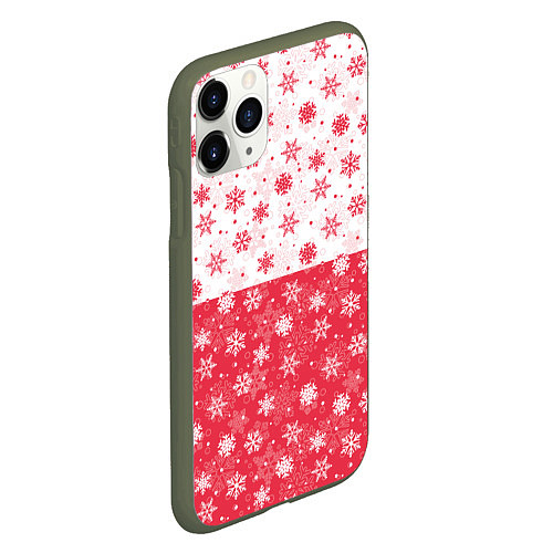Чехол iPhone 11 Pro матовый Снежинки красно-белые / 3D-Темно-зеленый – фото 2