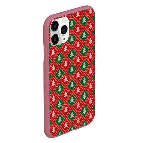 Чехол iPhone 11 Pro матовый Ёлочки красно-зелёные / 3D-Малиновый – фото 2