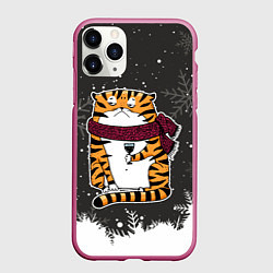 Чехол iPhone 11 Pro матовый Тигр с бокалом вина, цвет: 3D-малиновый