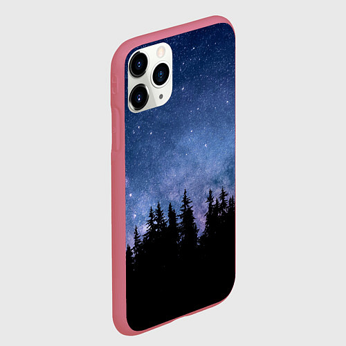 Чехол iPhone 11 Pro матовый НОЧНОЙ ЛЕС И ЗВЕЗДЫ / 3D-Малиновый – фото 2