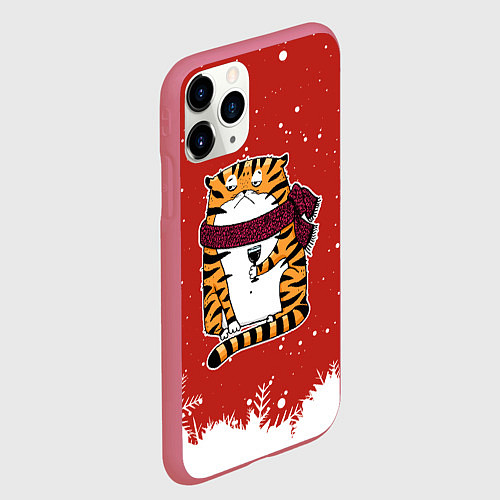 Чехол iPhone 11 Pro матовый Грустный тигр с бокалом вина / 3D-Малиновый – фото 2