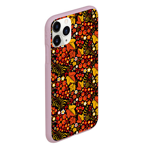 Чехол iPhone 11 Pro матовый Хохлома цветы-ягодки / 3D-Розовый – фото 2