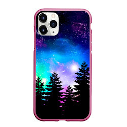 Чехол iPhone 11 Pro матовый Космический лес, елки и звезды, цвет: 3D-малиновый