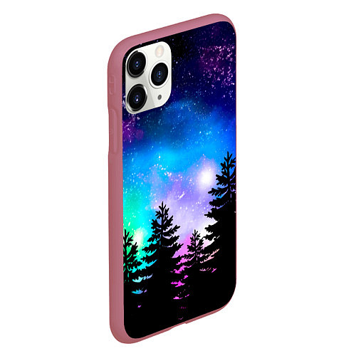 Чехол iPhone 11 Pro матовый Космический лес, елки и звезды / 3D-Малиновый – фото 2