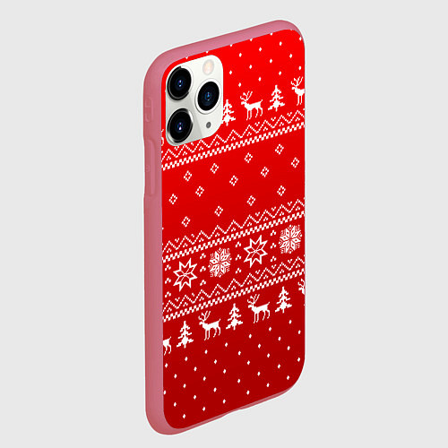 Чехол iPhone 11 Pro матовый Красный узор с оленями / 3D-Малиновый – фото 2