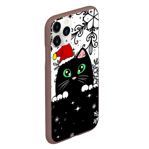 Чехол iPhone 11 Pro матовый Новогодний кот в колпаке Санты / 3D-Коричневый – фото 2